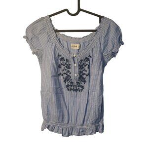 VTG Abercrombie Girls Large Blue Striped Embroider Peasant Blouse Y2K BOHO Chic